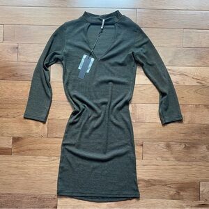 POOF APPAREL SMALL Olive Green Long Sleeve V-Neck Knit Dress (stretchy)
